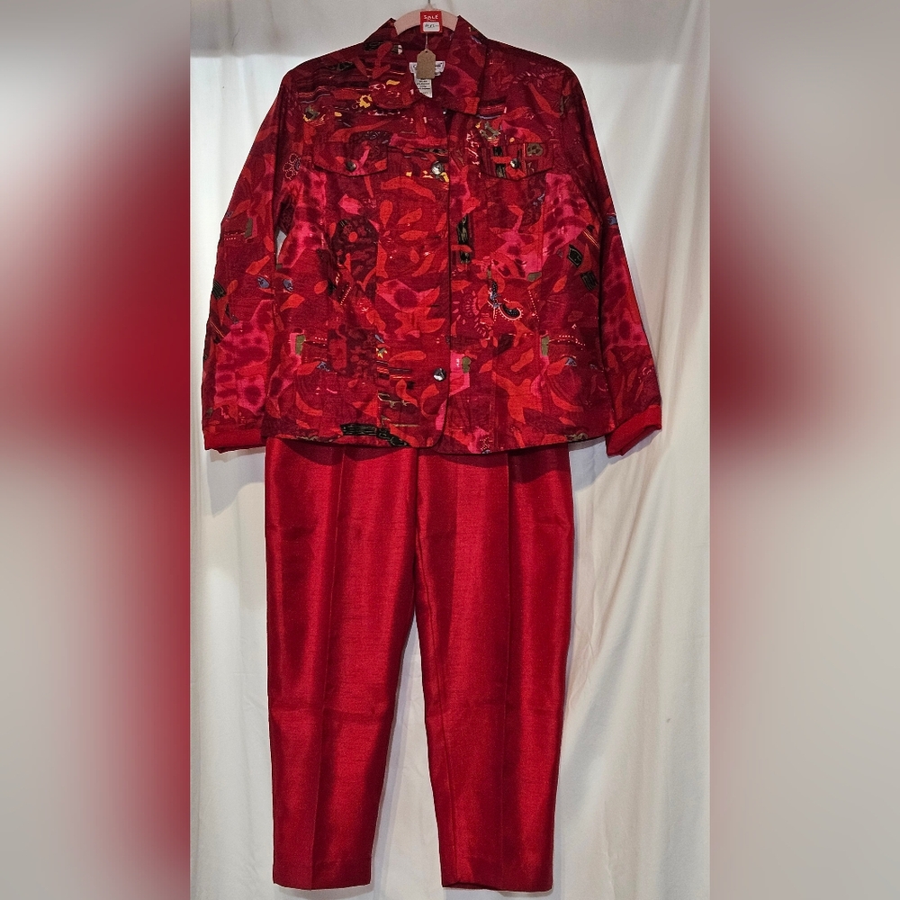 Coldwater Creek M red lined 79% silk jacket + size 14 polyester skinny pants